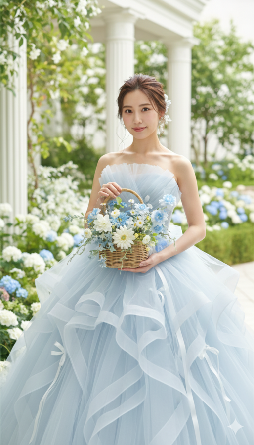 春のウェルカムスペースに｜白とブルーのバスケットブーケ（造花