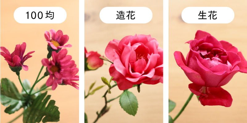 100円ショップの造花、高品質な造花、生花の見た目の比較