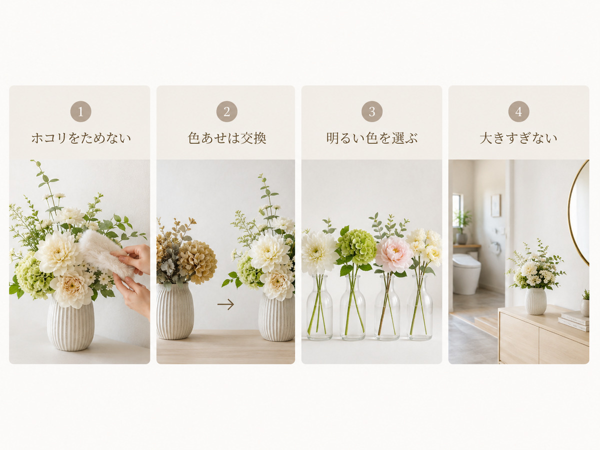 造花を飾るときの基本ルールとして、ホコリ、色あせ、明るい色、適切なサイズを示した図