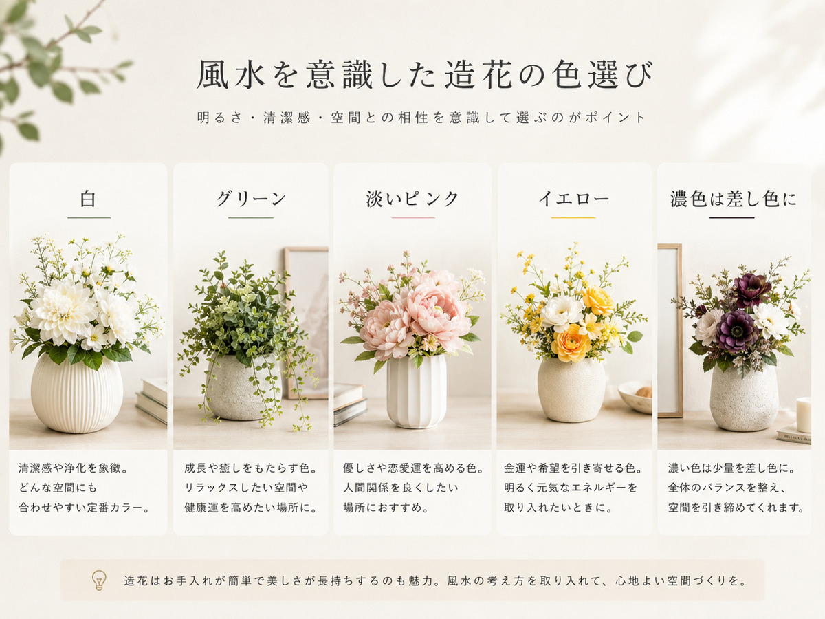 玄関やトイレに取り入れやすい白、グリーン、淡いピンク、イエローの造花と濃色の使い方