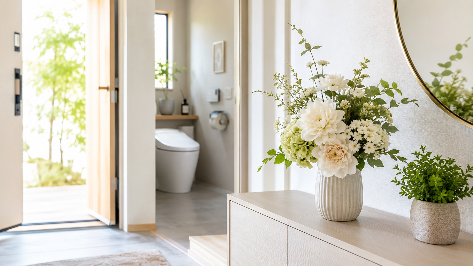 明るい玄関とトイレの近くに白い造花とフェイクグリーンを飾った清潔感のある空間
