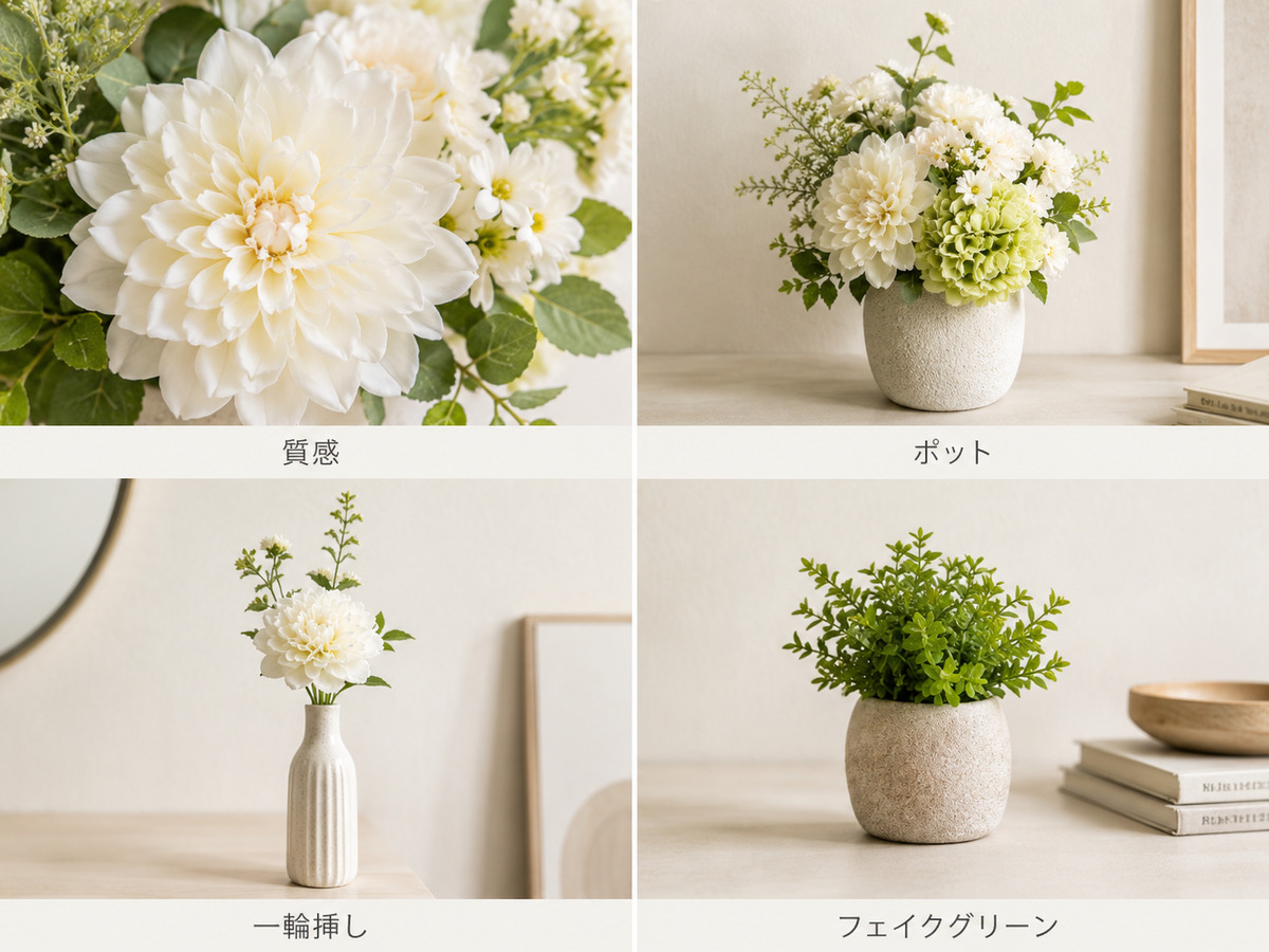 玄関とトイレにおすすめの造花として、質感、ポット、一輪挿し、フェイクグリーンを比較した参考画像
