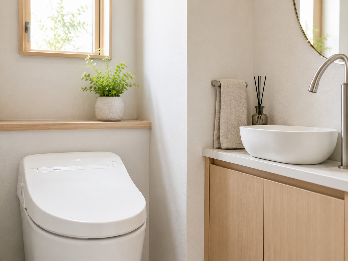 清潔感のあるトイレの棚に小ぶりなフェイクグリーンを飾った例
