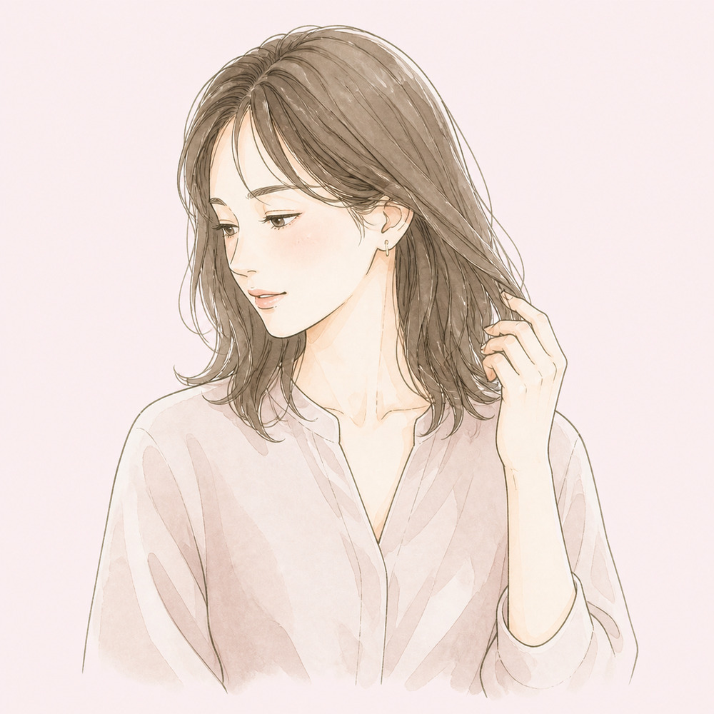 スタッフから視線を外し、自分の髪に触れながら悩みを考える女性のお客様のイラスト