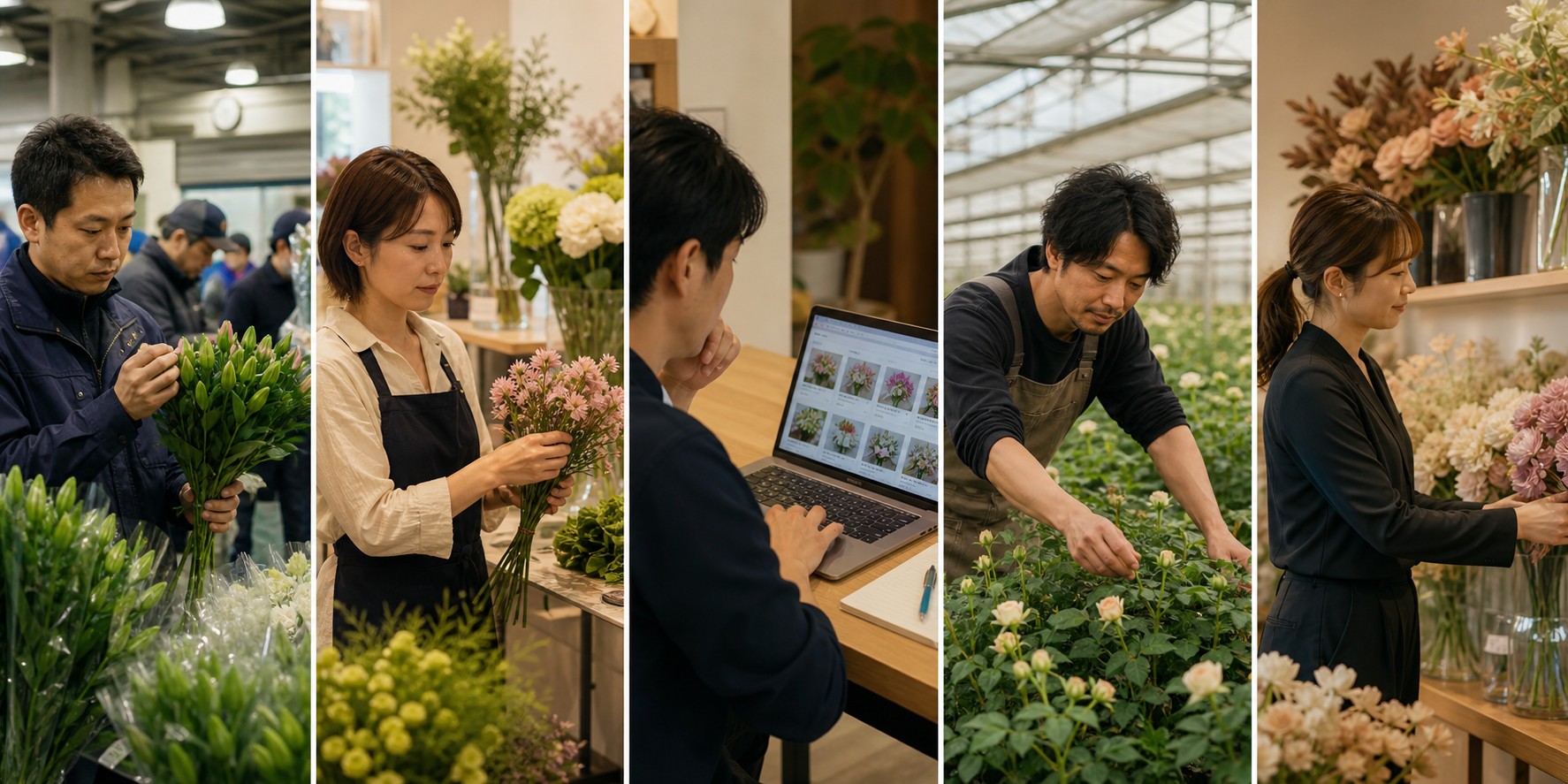 花材の仕入れ先5つの比較イメージ(生花市場・仲卸・ネット通販・生産者直送・造花専門店)