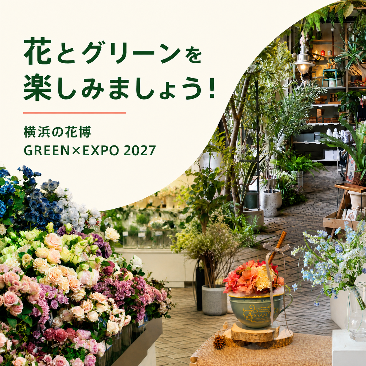 花売場とグリーン売場を背景に「花とグリーンを楽しみましょう! 横浜の花博 GREEN×EXPO 2027」と記した一覧画像