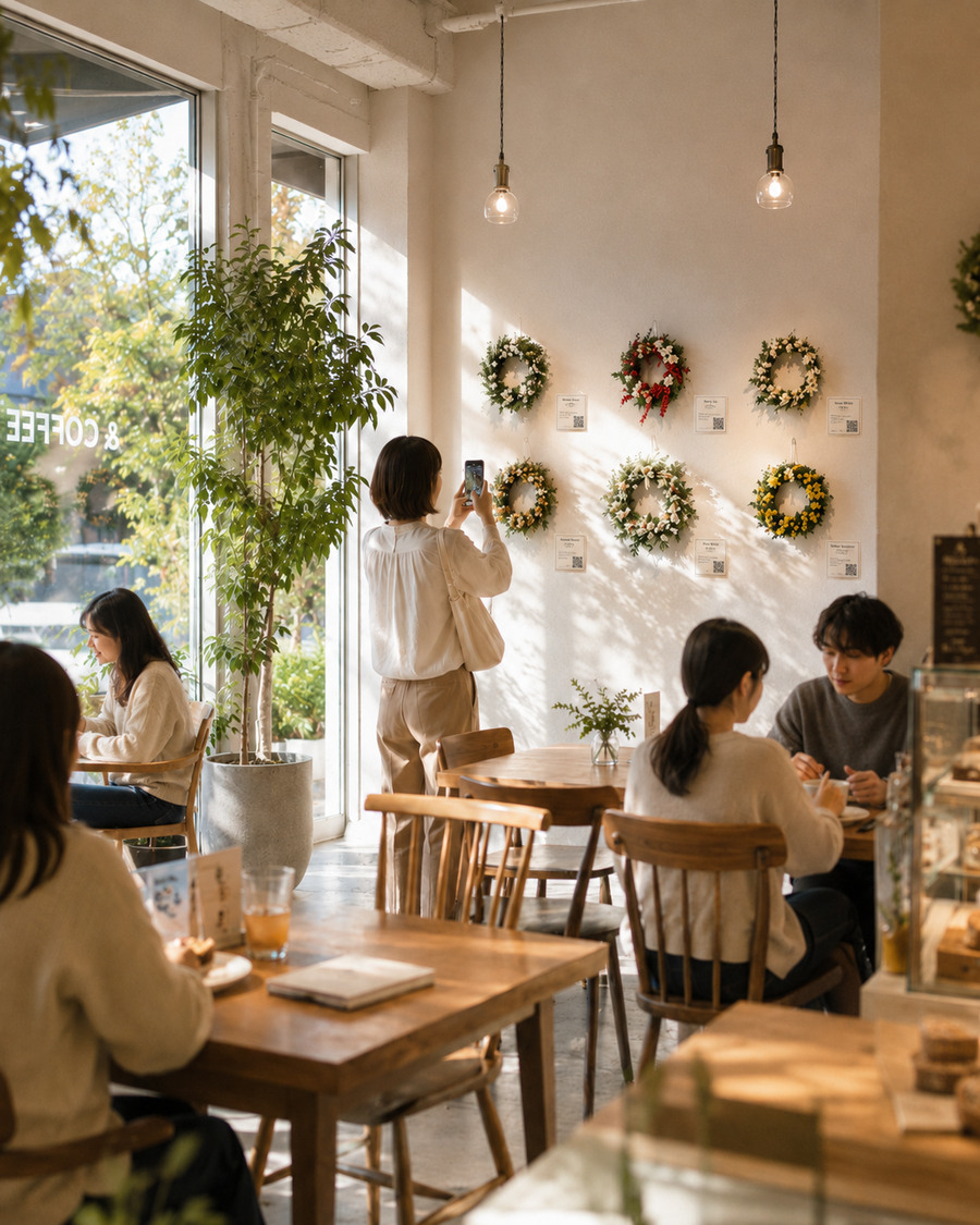 店舗に飾られたリースを楽しむ人たち